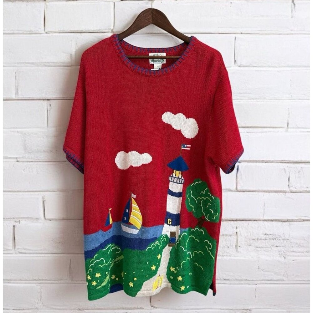 Quacker Factory 2X Tunic Sweater Summer Sailing Lighthouse Short Sleeves Vtg NWT